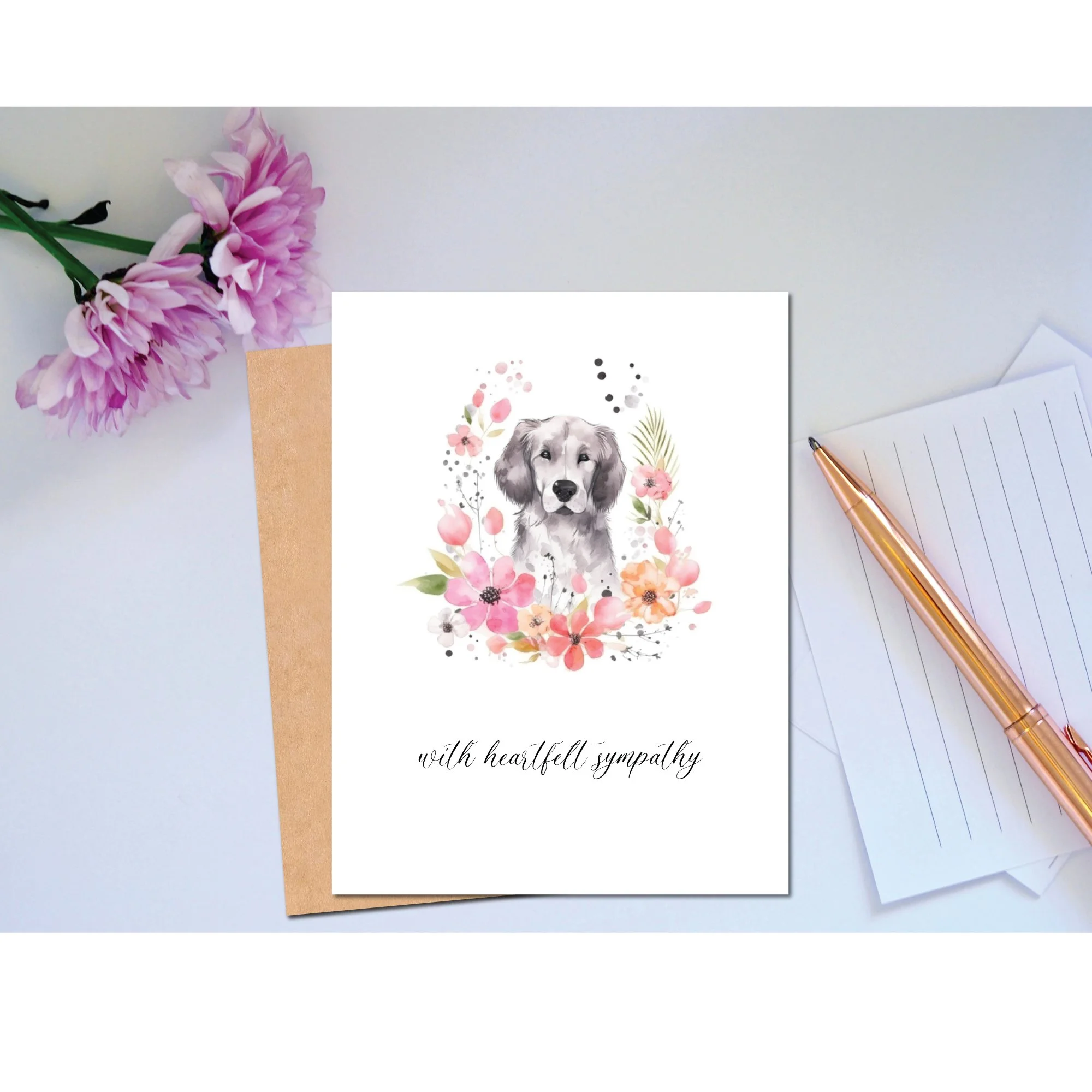 Beautiful watercolor dog sympathy card with pastel floral wreath. A heartfelt condolence card to comfort someone grieving the loss of a beloved pet.