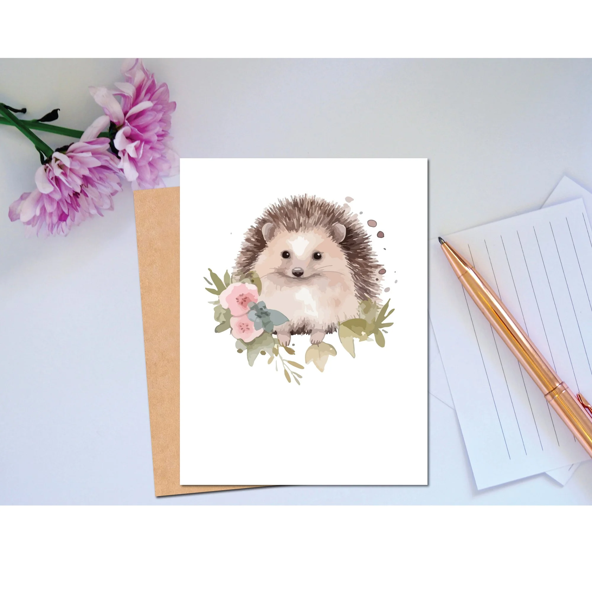 Cute woodland animal hedgehog card with floral design, blank inside