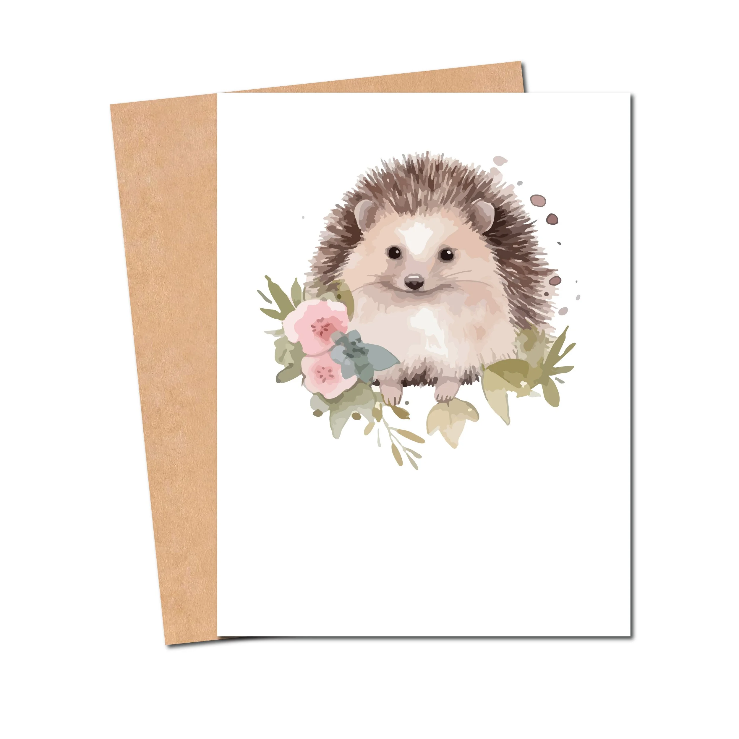 Watercolor hedgehog and flowers greeting card on white background with kraft envelope