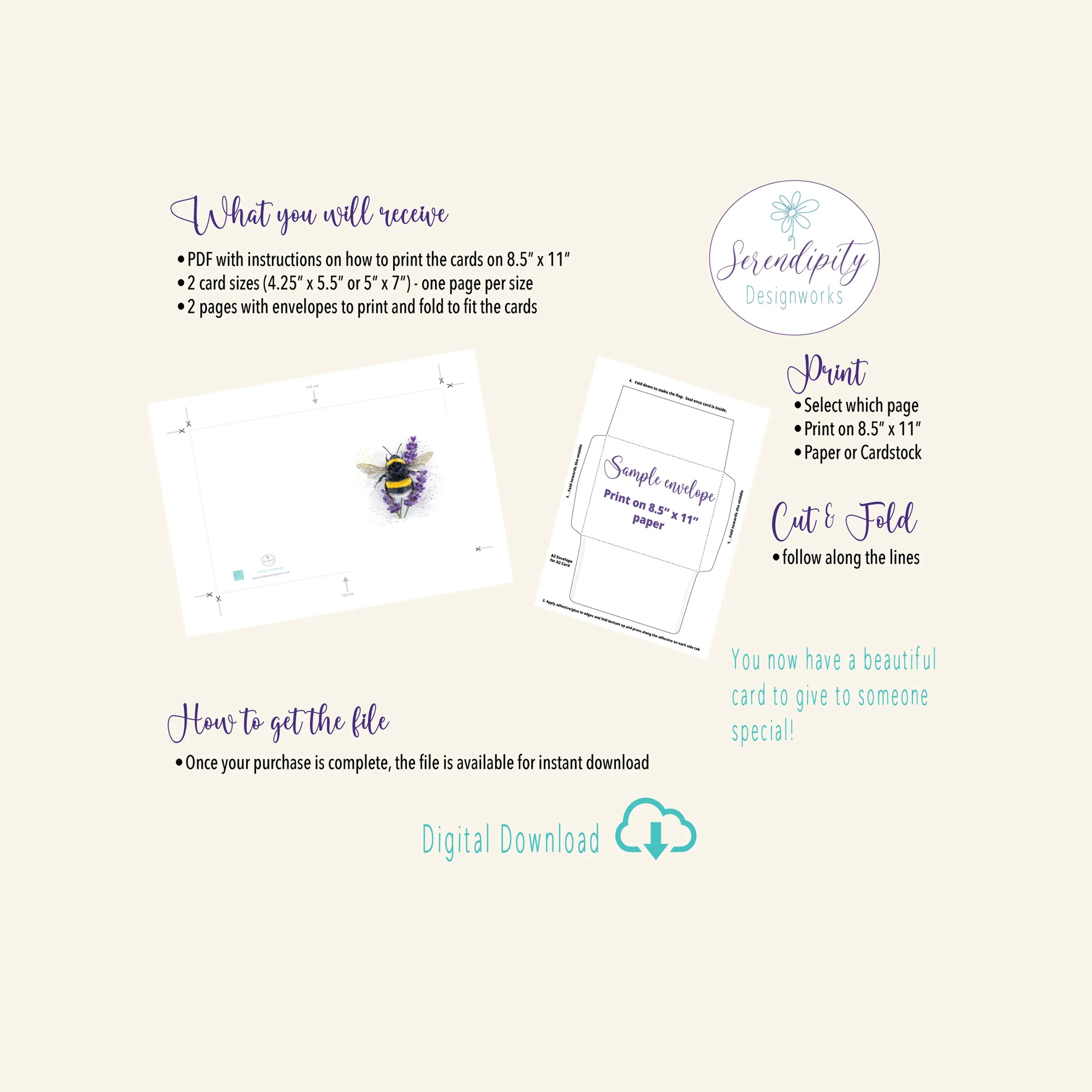 Printable Bumblebee Lavender Card, Blank Notecard, Bee Greeting Card, Thinking of You Card, Nature Card, Encouragement Card, Watercolor Bee Card