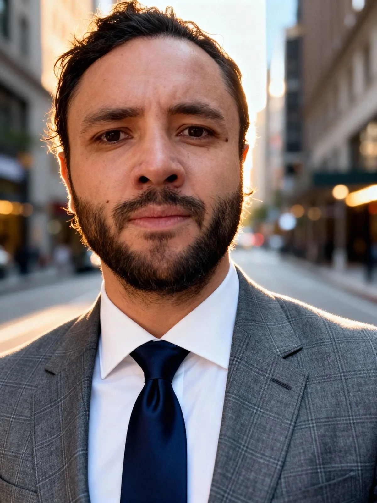 Retrato de un hombre con cabello oscuro y barba, usando un saco azul y camisa blanca, sonriendo suavemente