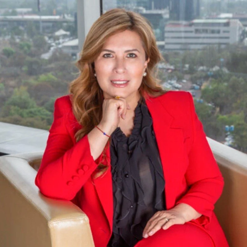 Mujer con cabello castaño claro y largo, vestida con saco y blusa negra, sentada en un sillón en una oficina con vista a la ciudad.