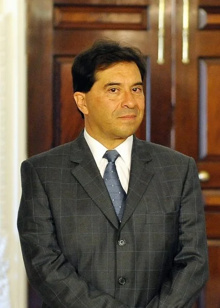 Hombre con traje gris y corbata, de cabello oscuro y expresión seria, de pie en una habitación con paredes de madera.