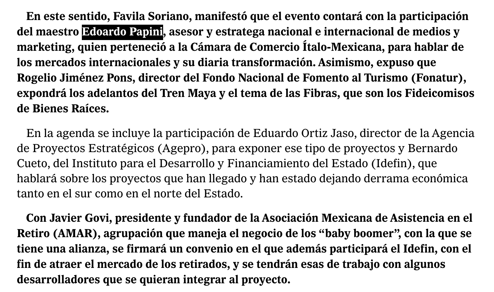 Texto en un documento que habla sobre la participación de diversas personalidades en un evento y menciona temas sobre economía, proyectos estratégicos, el Tren Maya y fibras, así como asociaciones relacionadas con adultos mayores.
