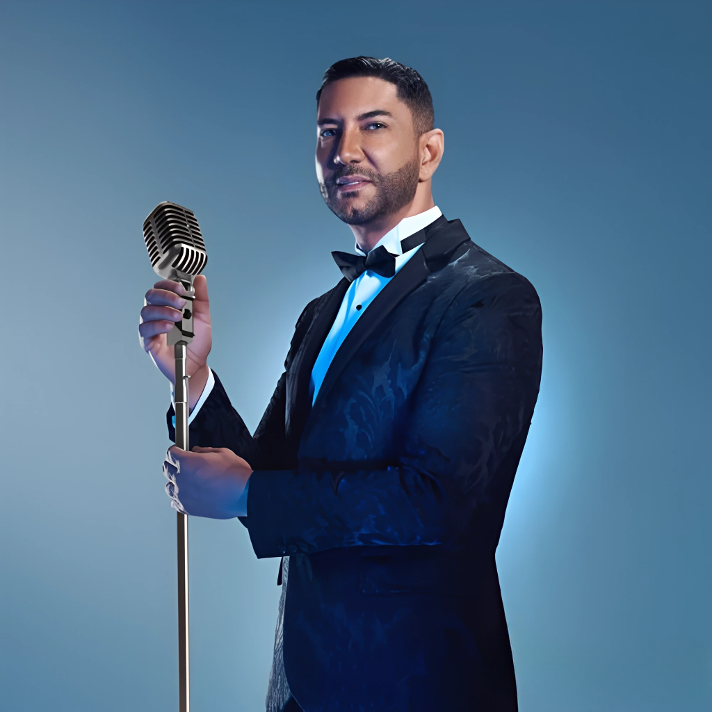 Hombre con traje formal y moño negro, sosteniendo un micrófono vintage, contra un fondo azul.