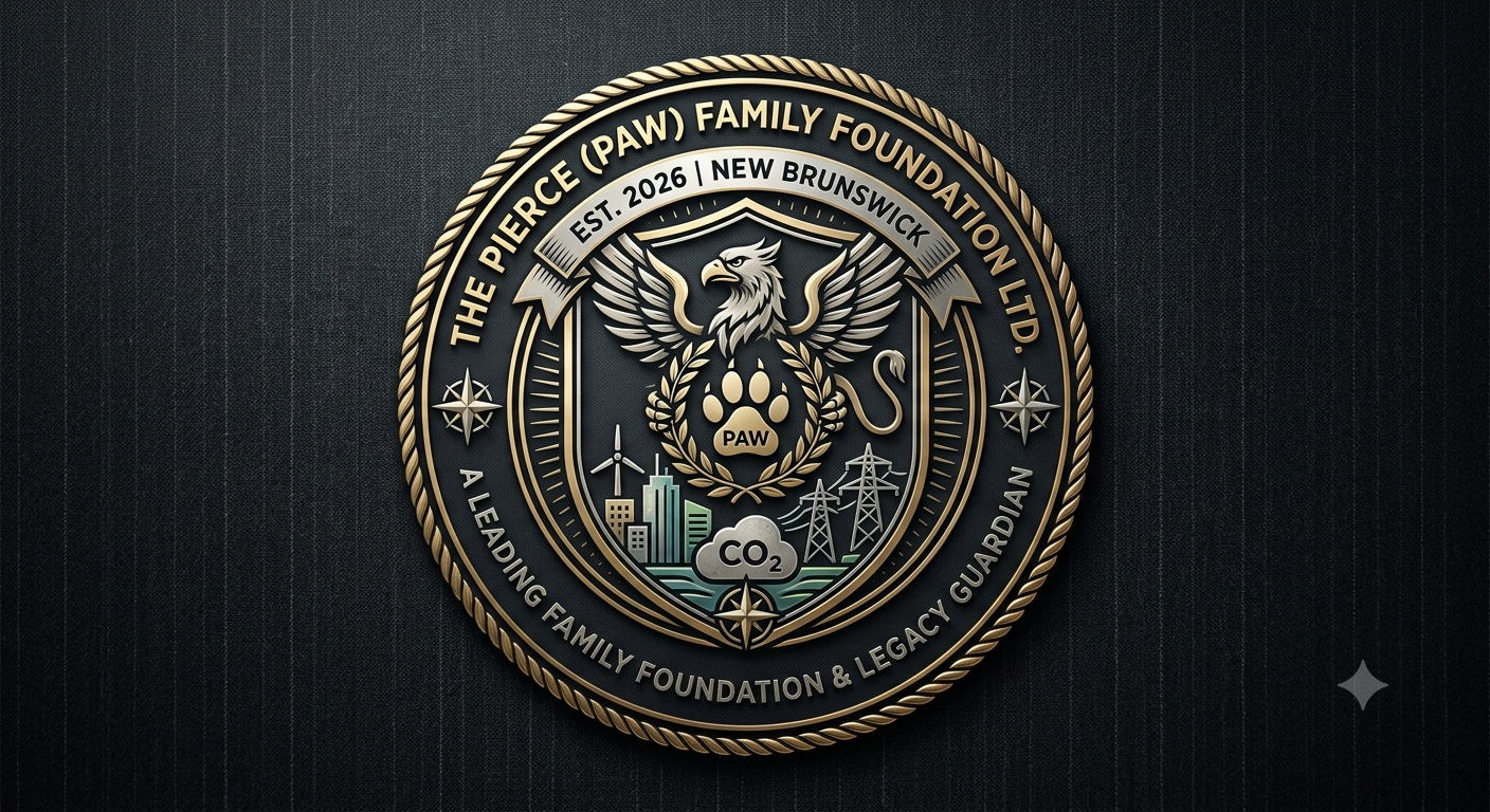 A detailed emblem for The Pierce Family Foundation, established in 2026 in New Brunswick, featuring a lion with wings, a paw print with the word 'PAW,' wind turbines, a cityscape, power lines, a cloud with 'CO2,' and a compass rose, surrounded by a rope border.