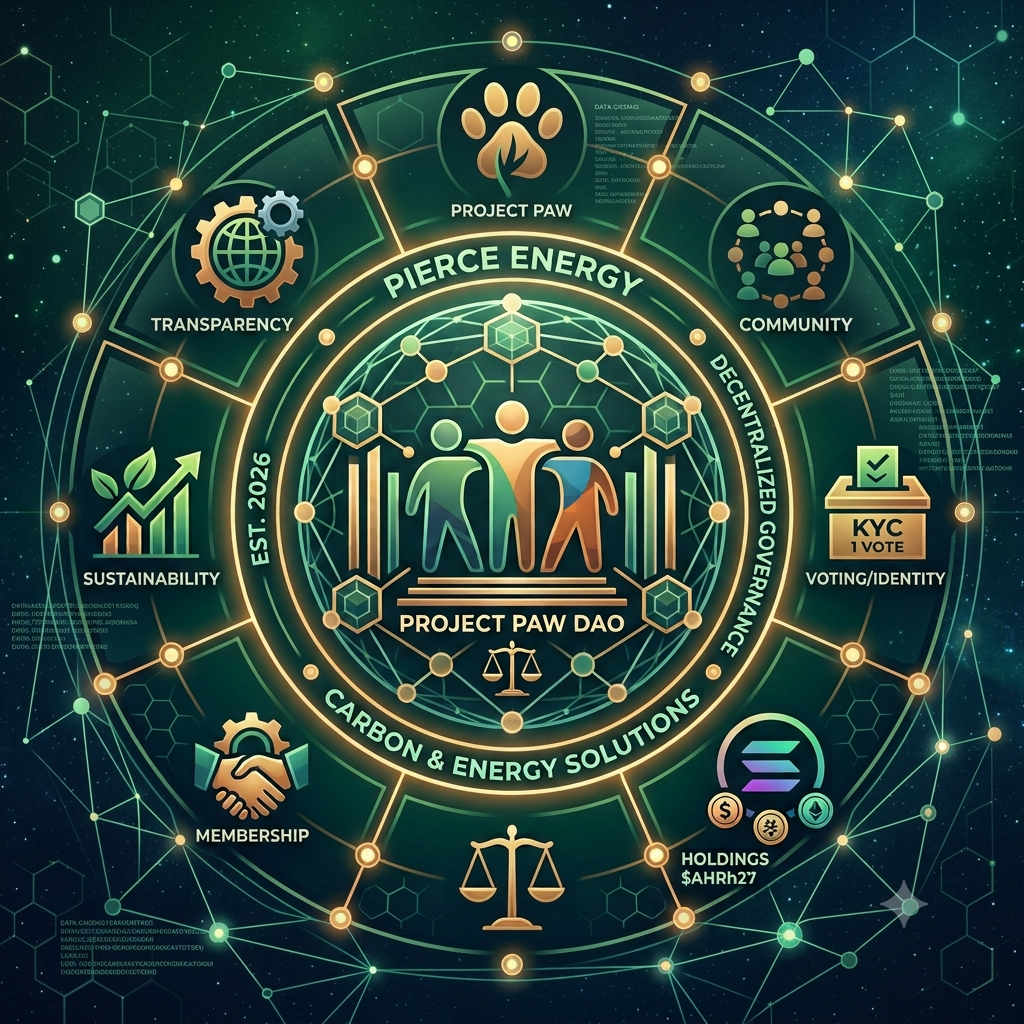 An infographic showcasing the Project Paw DAO logo at the center, surrounded by interconnected icons and keywords including transparency, sustainability, membership, holdings, community, voting, decentralized government, carbon and energy solutions, and project paw. The background features a space theme with stars and hexagonal patterns, emphasizing sustainability and energy solutions.