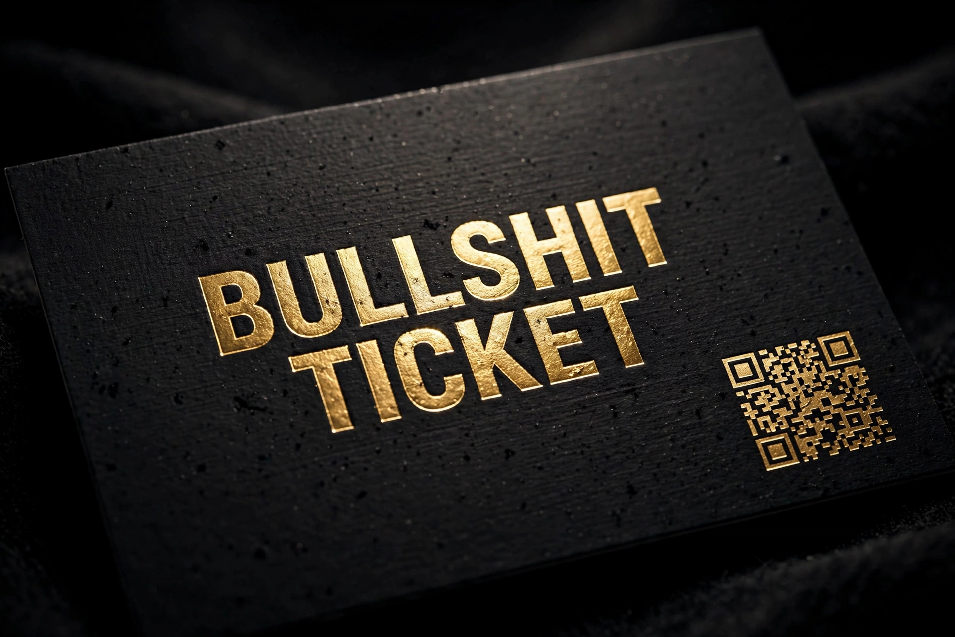 The Bullshit Ticket — a black card with gold foil lettering and a gold code, the founding art of the program