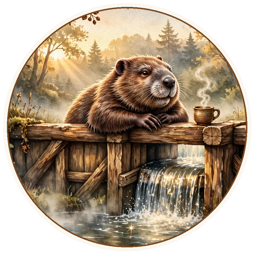 The Beaver at rest on its dam at golden hour, a cup steaming beside it — the Beaver · Wisdom emblem