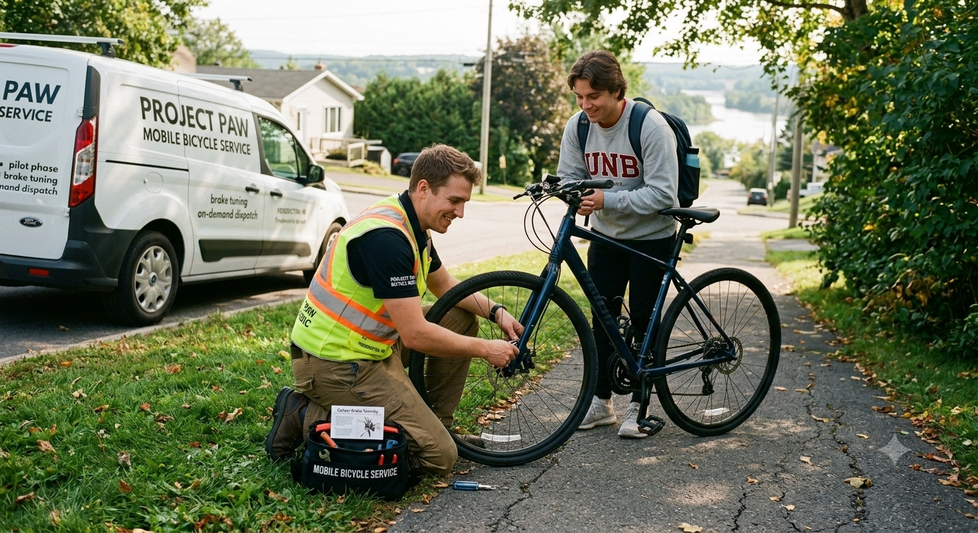 A man kneeling on the ground fixing a bicycle tire while a young woman looks on, on a sidewalk in a suburban neighborhood with a mobile bicycle service van parked nearby.