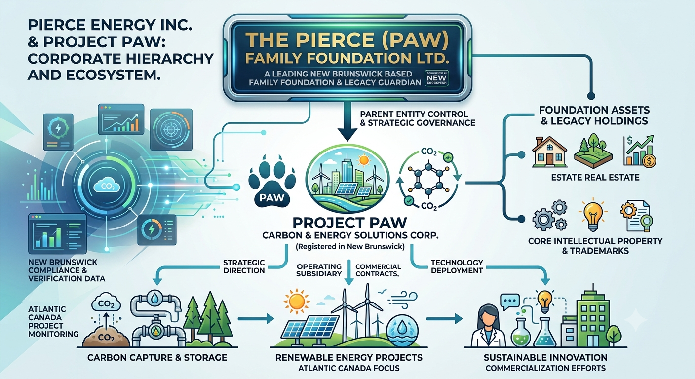 Diagram showing the corporate hierarchy and ecosystem of Pierce Energy Inc. & Project PAW, including project structure, assets, and key activities in carbon, energy solutions, renewable projects, and innovation.