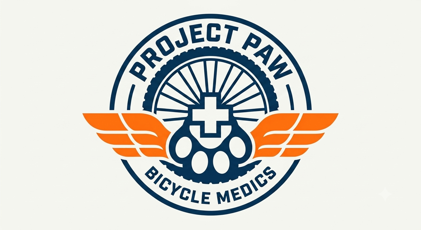 Logo for Project Paw Bicycle Medics featuring a bicycle chainring, a plus sign, orange wings, and text.