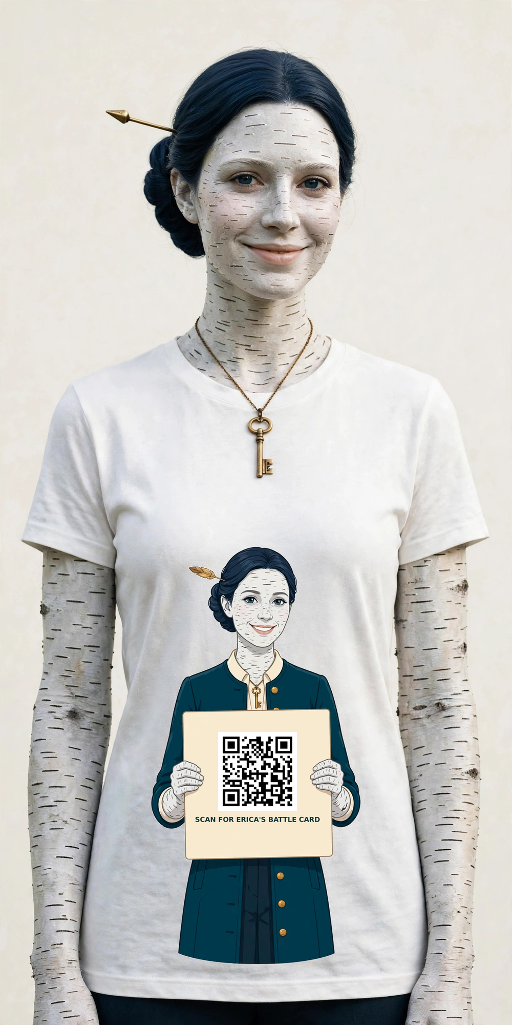 Penelope wearing the QR tee for Erica's battle card
