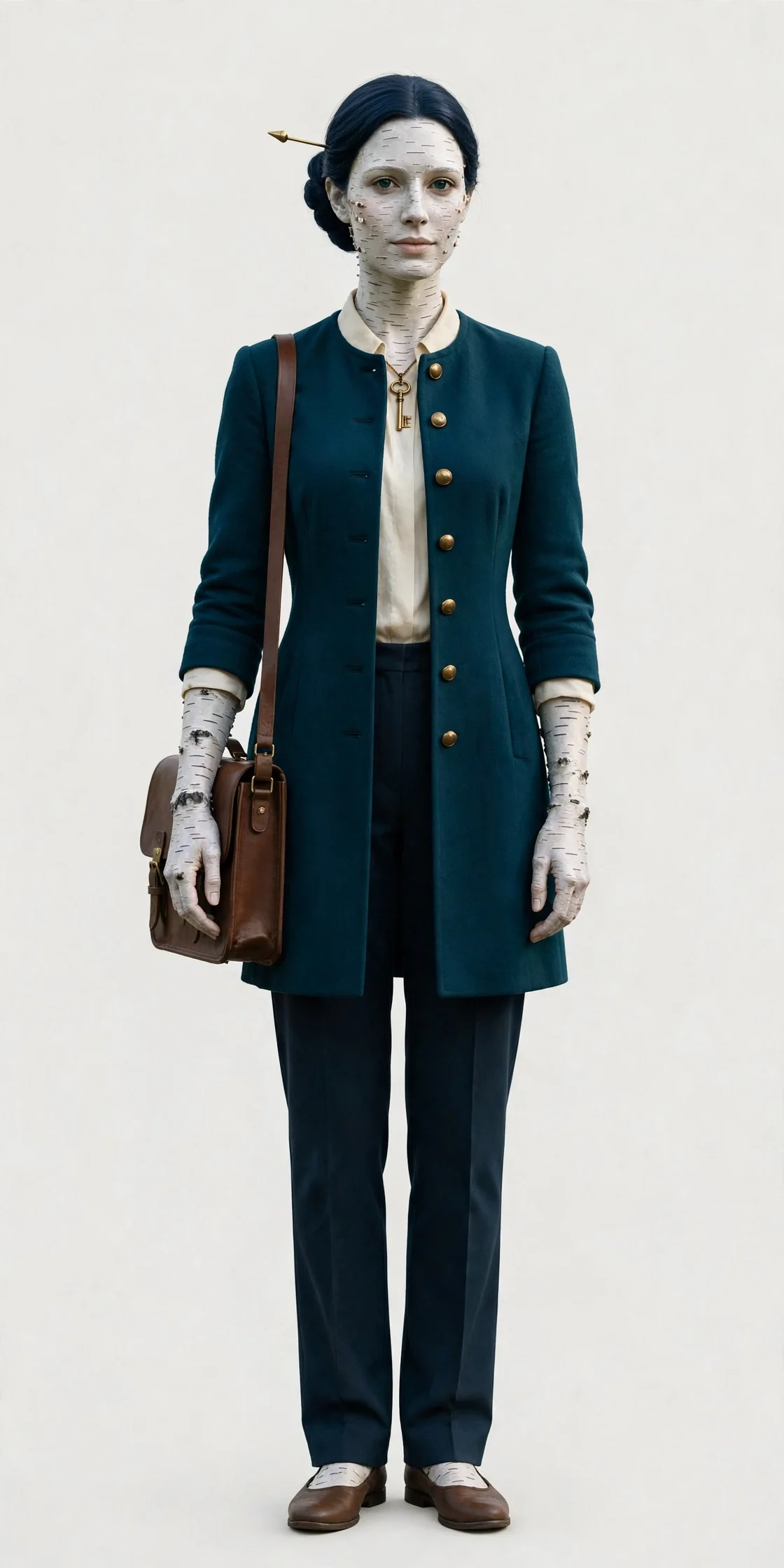 Penelope — birch-bark tree-being, deep teal coat, brass ledger-key at her throat