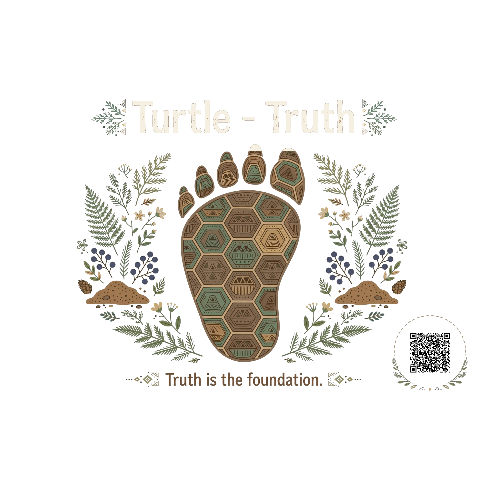 The Turtle footprint of Truth with its shell pattern, ringed with ferns — the Grandfather Paw print of the Turtle
