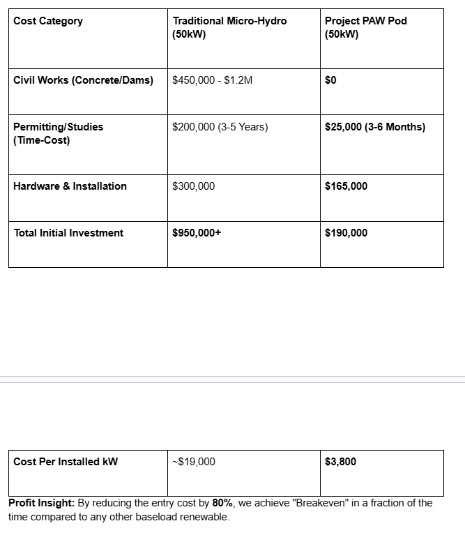 Comparison table of costs for traditional micro-hydro and project PAW Pod for renewable energy projects, detailing civil works, permitting, hardware, and total investment, with cost per installed kW and profit insight.