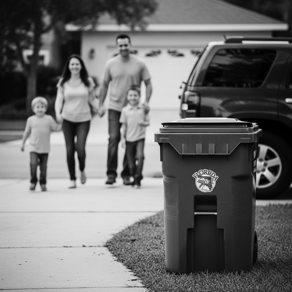 A family of four walking on a sidewalk near their house, with a trash bin in the foreground and a parked black vehicle behind them.