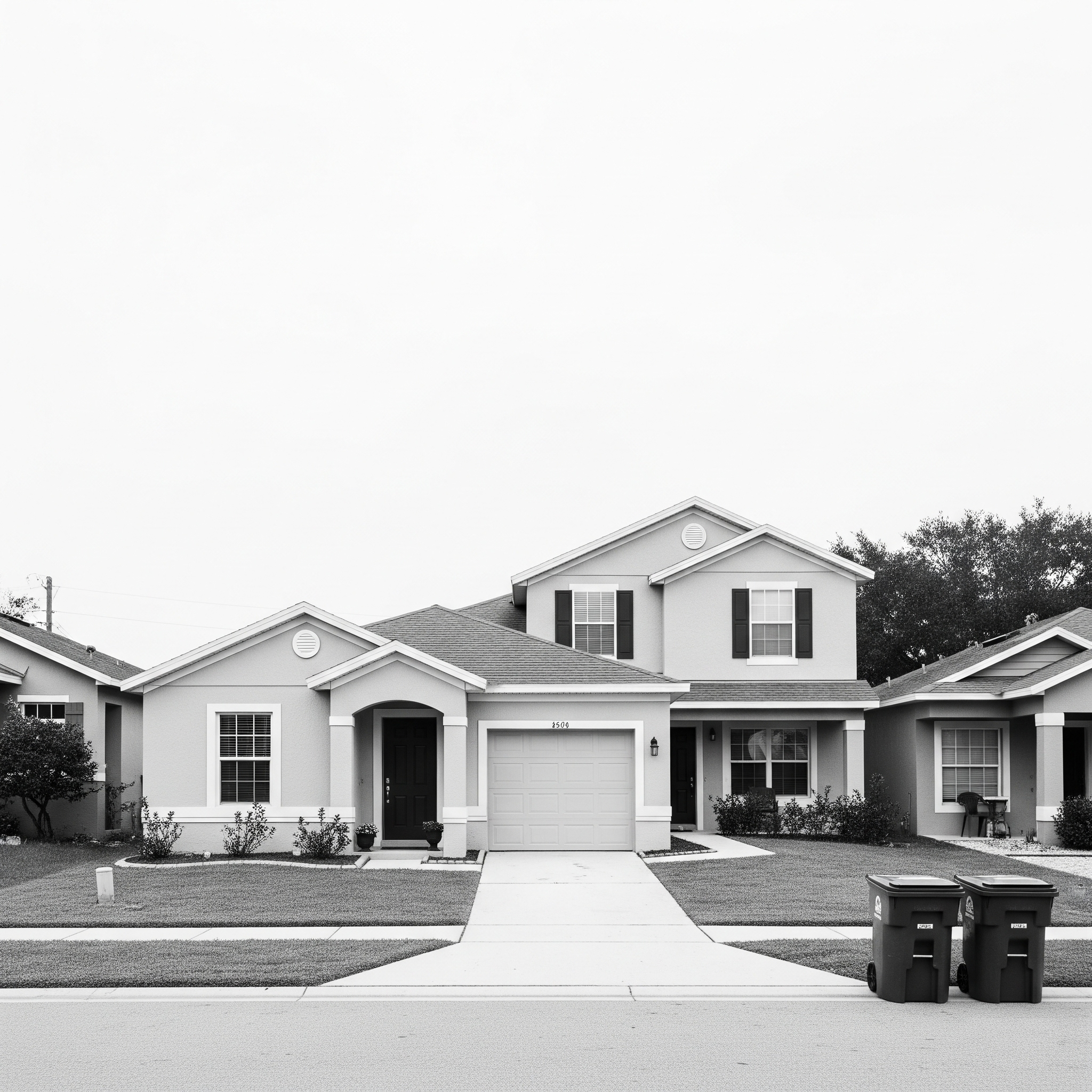 Front view of a two-story house with a garage, chairs, and trash bins outside, in a suburban neighborhood.