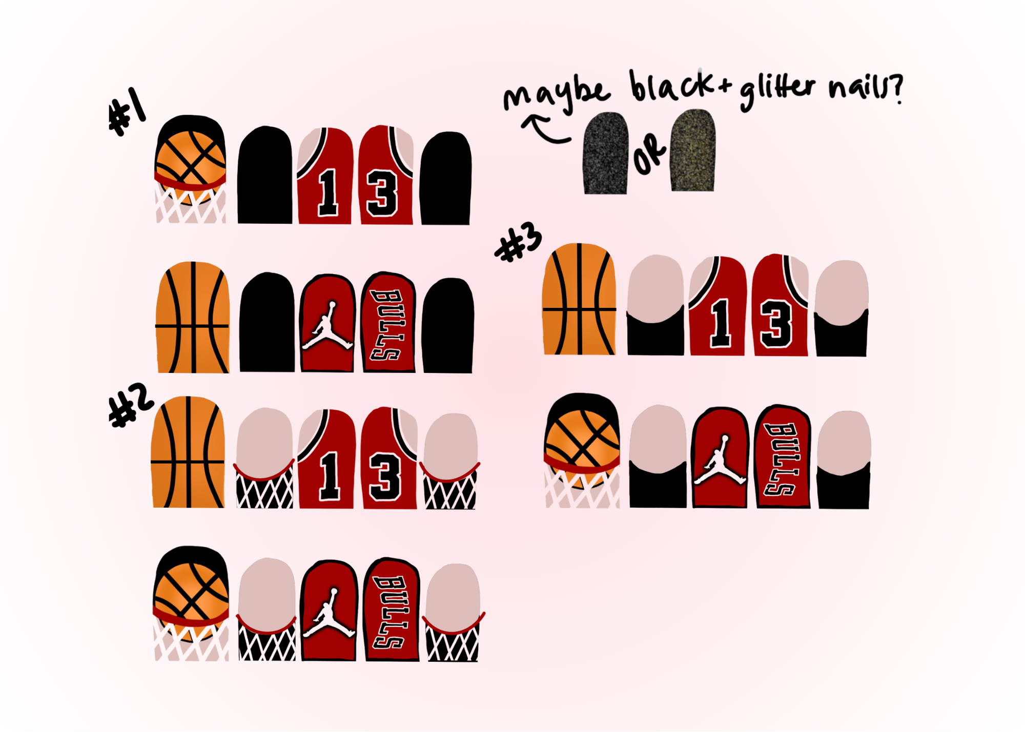Illustration showing four different basketball shot arrangements, with hand-drawn notes about alternate options, including possible nail colors or decorations.