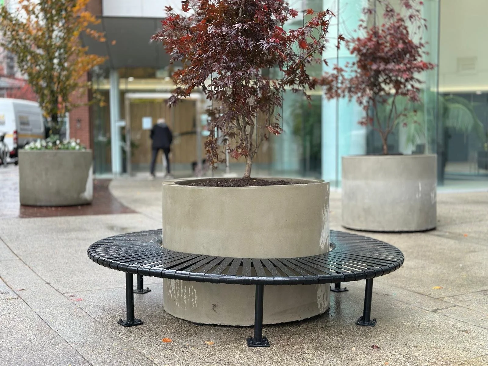 Custom metal bench Vancouver public space Iron Age fabrication