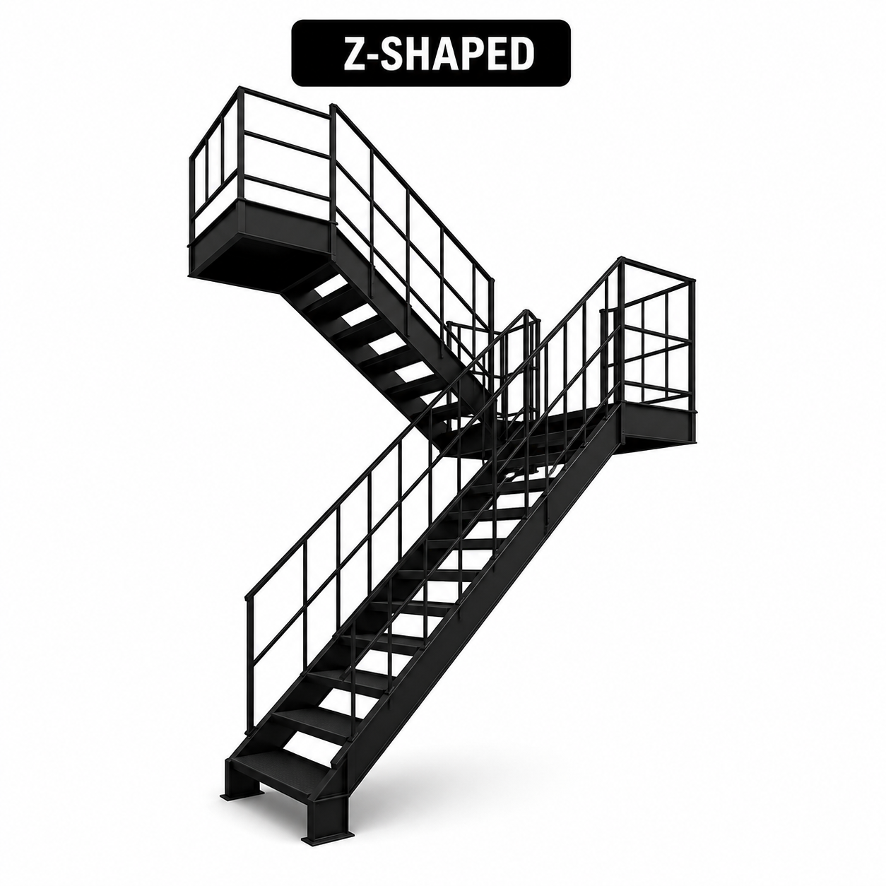 Z-shaped industrial metal staircase design on white background