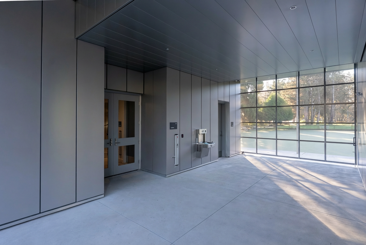 Interior view of Bowling Green Community Activity Centre with custom architectural metal panels fabricated by Iron Age Manufacturing in Richmond BC.