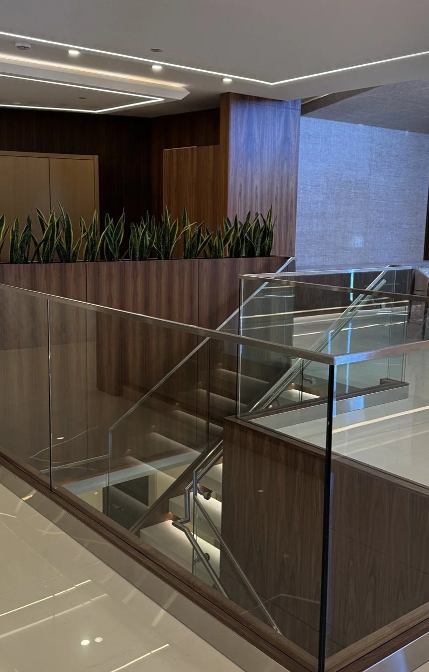Modern interior glass railing with black frame 50