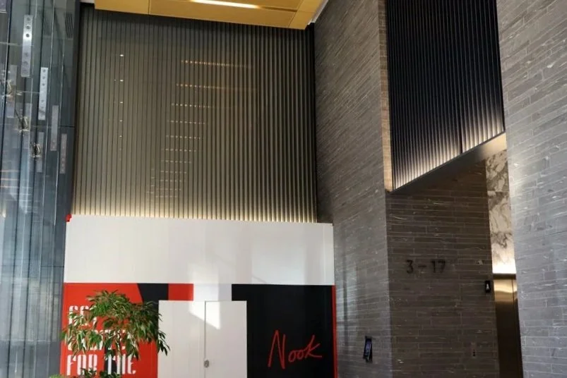 Custom vertical metal fins for lobby interior design | Iron Age Manufacturing 1