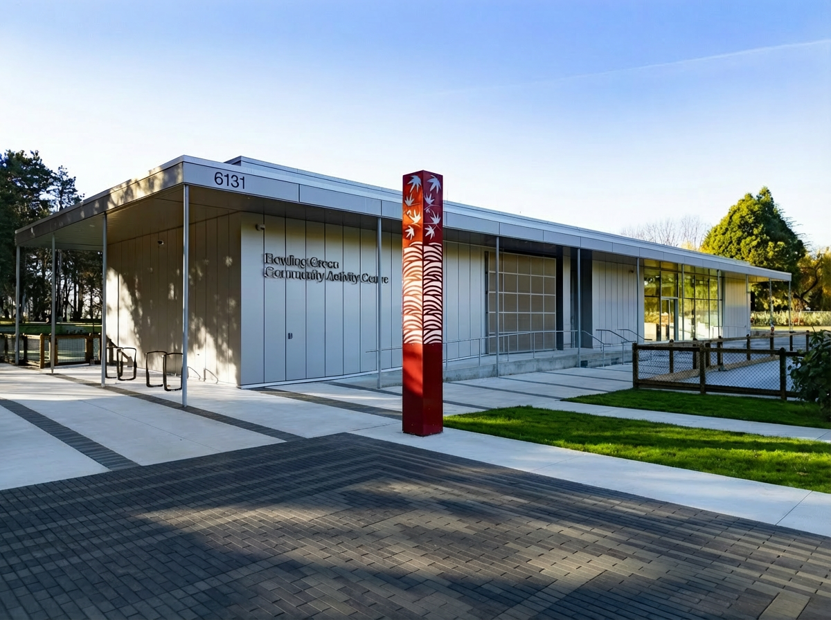 Aerial exterior view of Bowling Green Community Activity Centre showcasing custom commercial metalwork by Iron Age Manufacturing in Richmond BC.