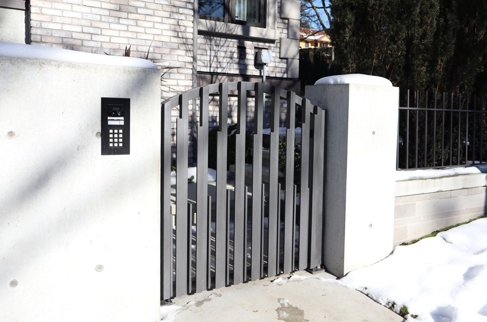 Custom iron Architectural pedestrian gate with clean lines and modern appeal, fabricated in Vancouver  