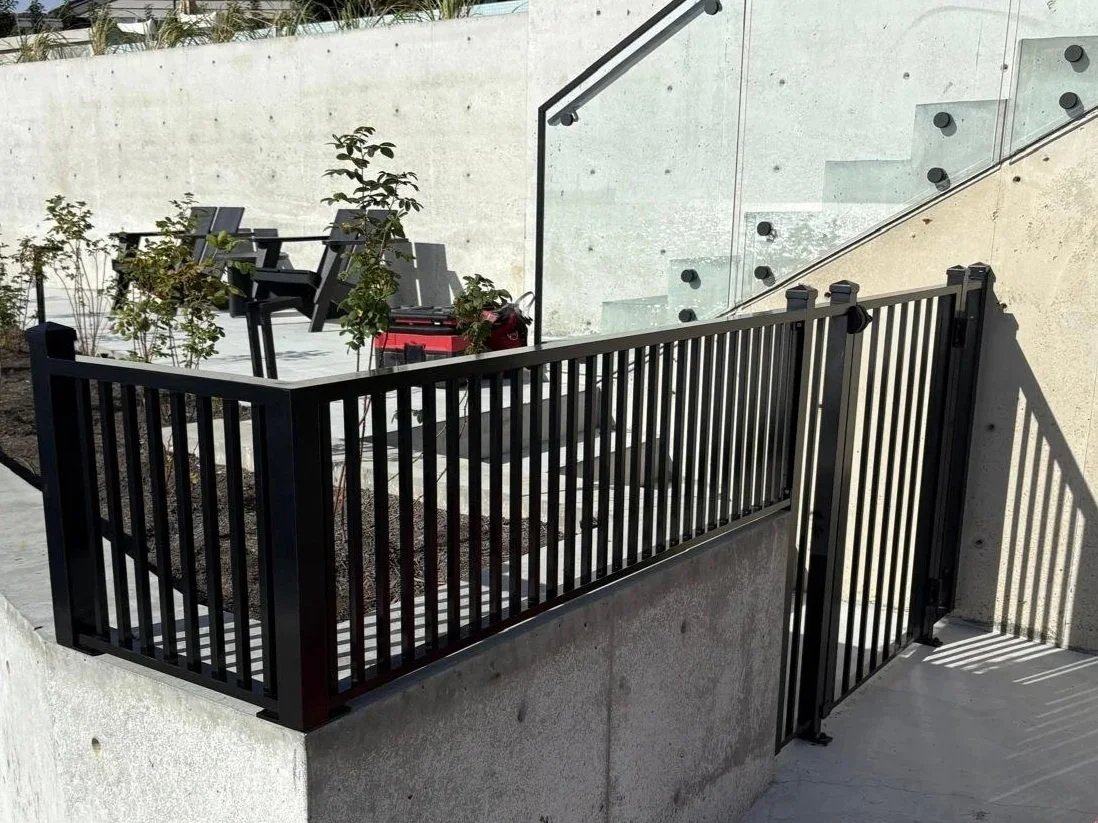 Exterior steel railing installed on a residential deck in the Lower Mainland