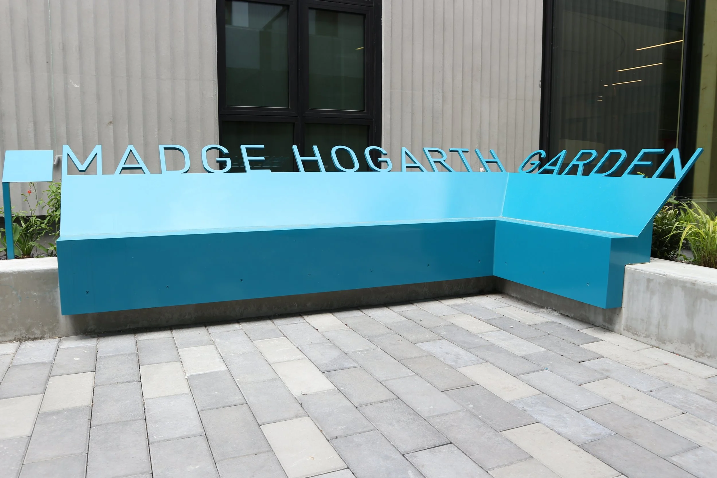 Custom fabricated bench with lettering Vancouver