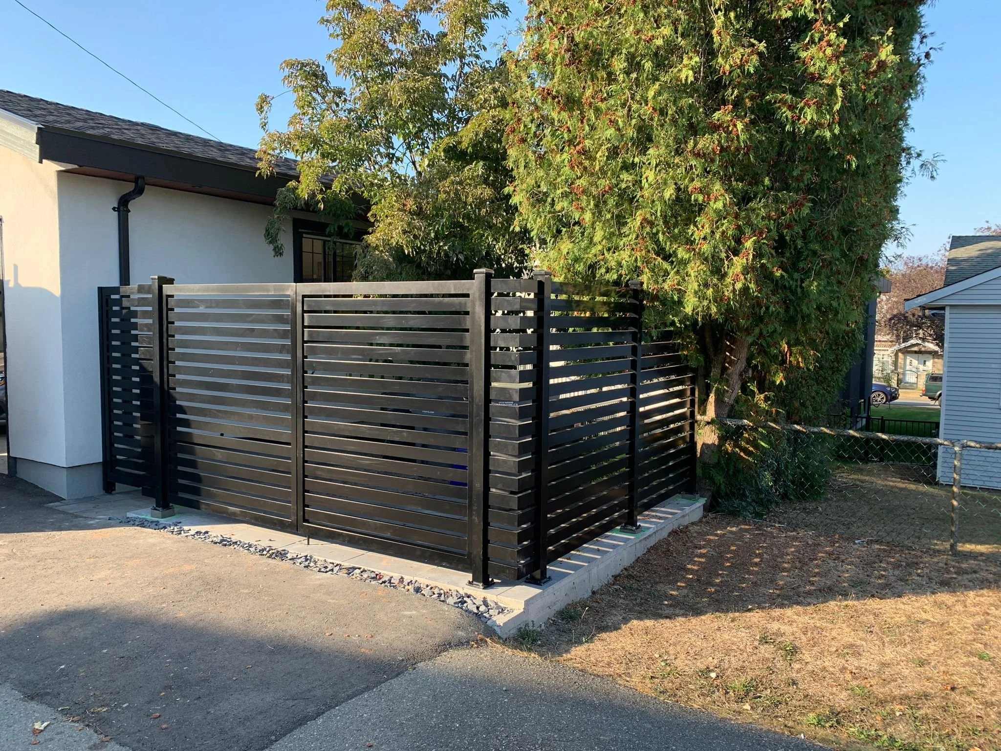 Black powder-coated aluminum fence for residential property 86