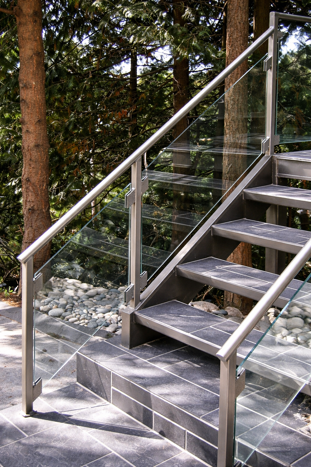 Exterior glass railing for deck and patio | Custom metal and glass railings in Vancouver by Iron Age Manufacturing  ex 22