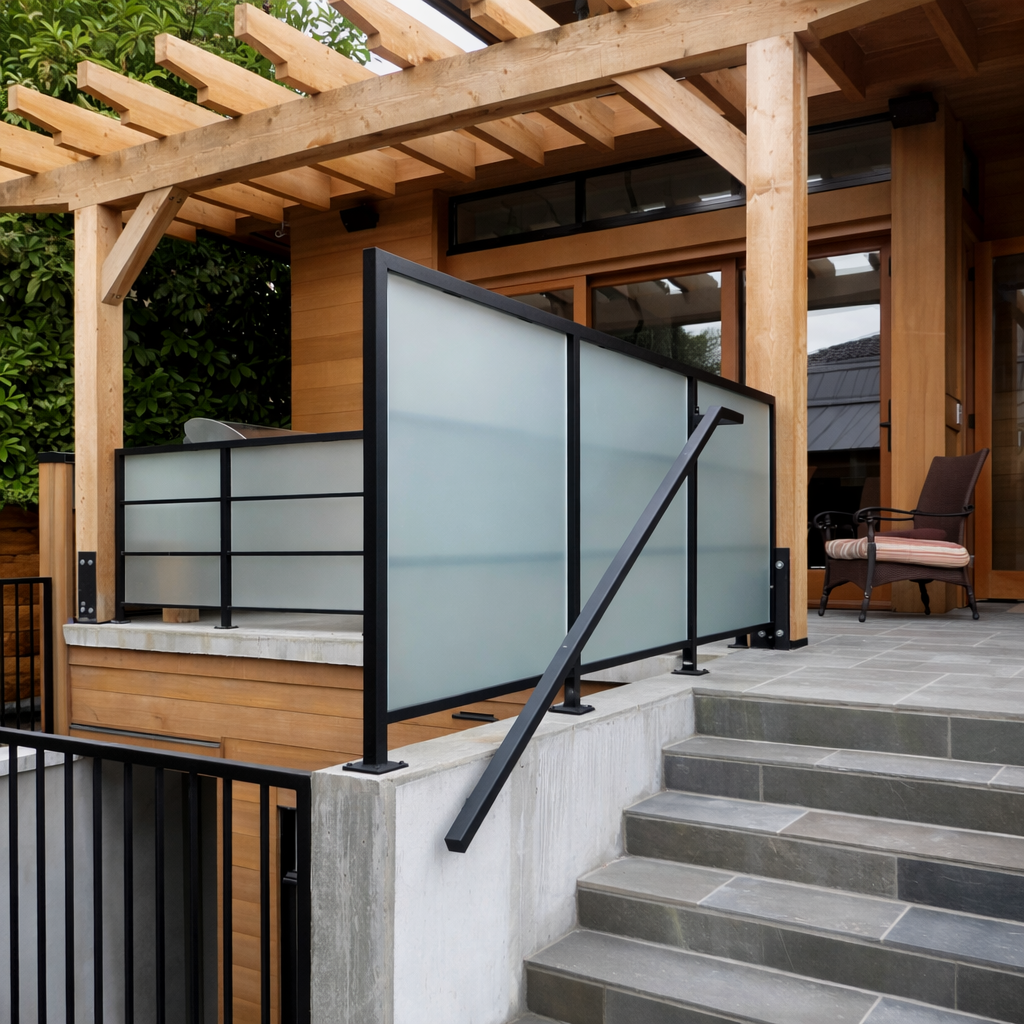 Exterior glass railing for deck and patio | Custom metal and glass railings in Vancouver by Iron Age Manufacturing 254 railing