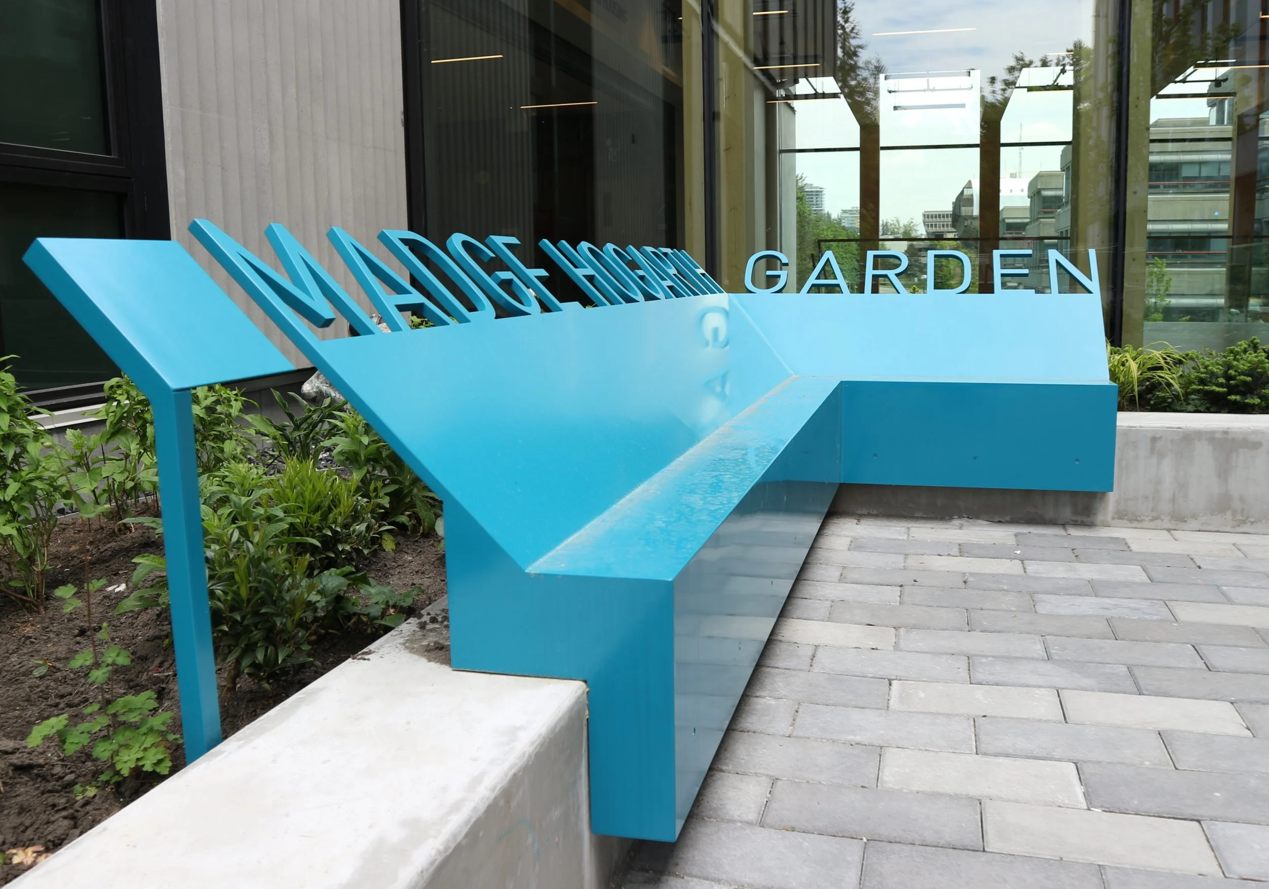 Blue architectural metal bench modern landscape design