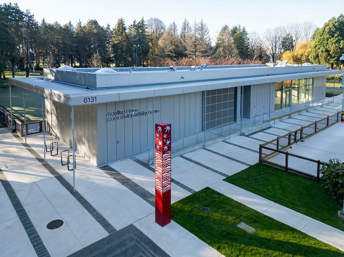 Accessible walkway with stainless steel handrails and architectural metal elements installed by Iron Age Manufacturing in Richmond BC.