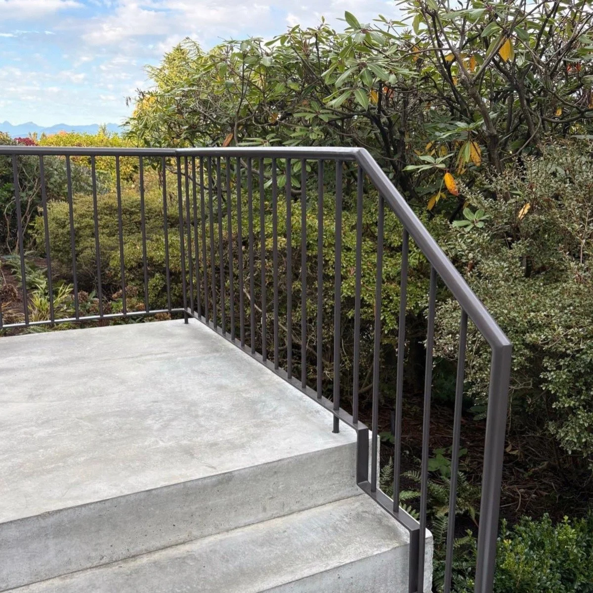 Exterior black metal railing installed beside a landscaped concrete landing