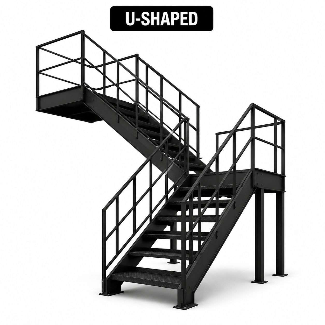 U-shaped metal staircase fabricated by Iron Age Manufacturing
