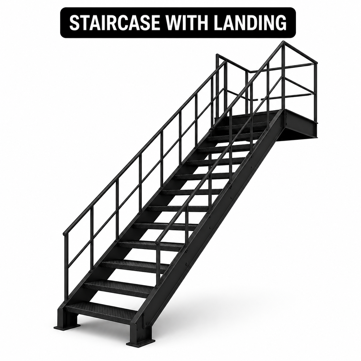 A staircase with a landing includes a resting platform between sections of stairs.