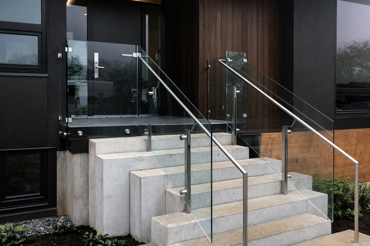 Exterior glass railing for deck and patio | Custom metal and glass railings in Vancouver by Iron Age Manufacturing  ex railing 56