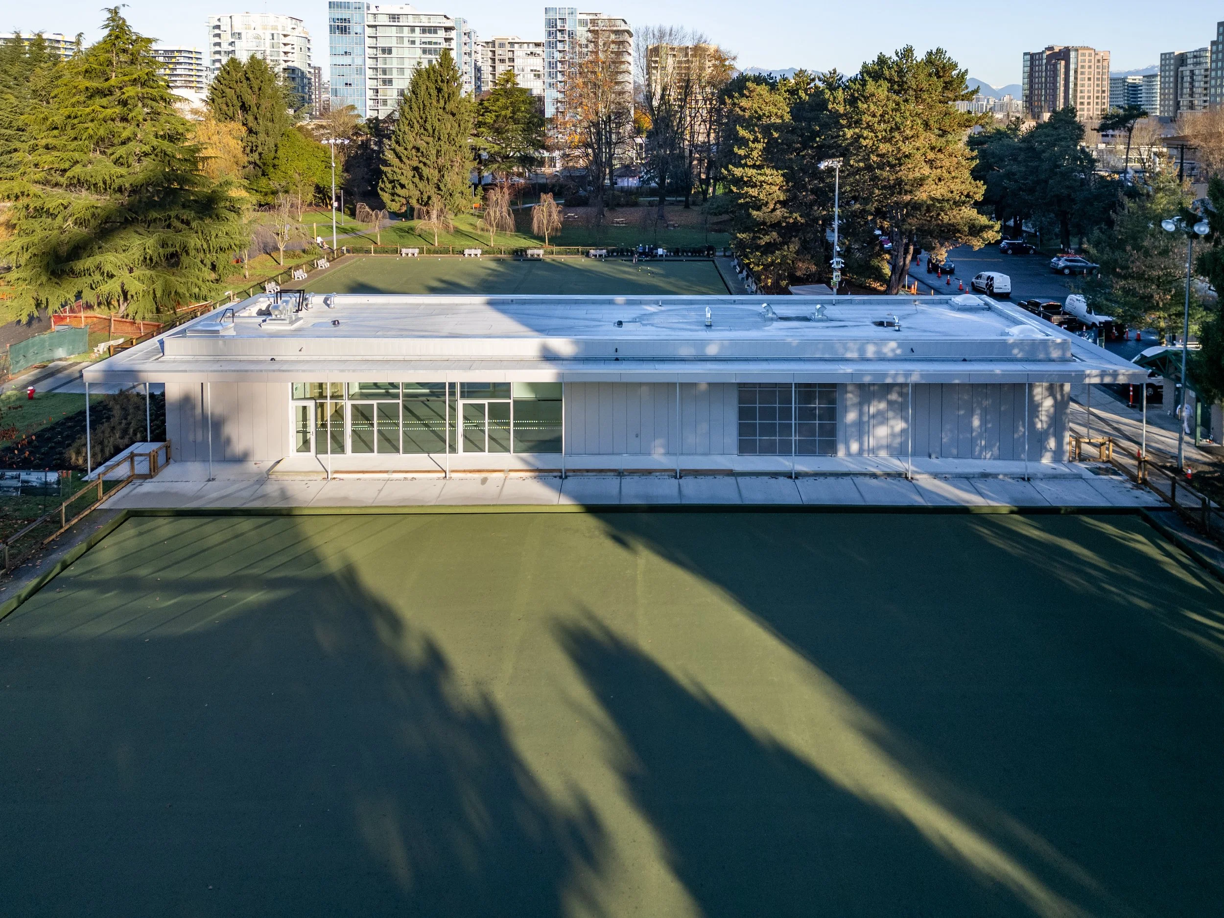 Exterior of Bowling Green Community Activity Centre featuring custom metalwork and sliding gate systems by Iron Age Manufacturing in Richmond BC.