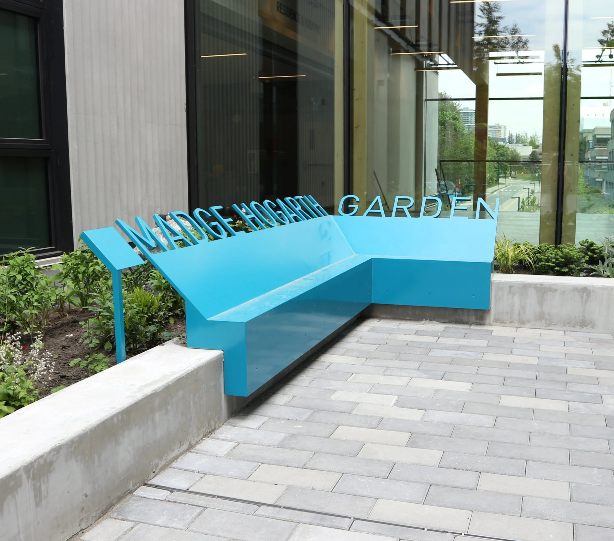 Custom metal bench signage Vancouver public installation