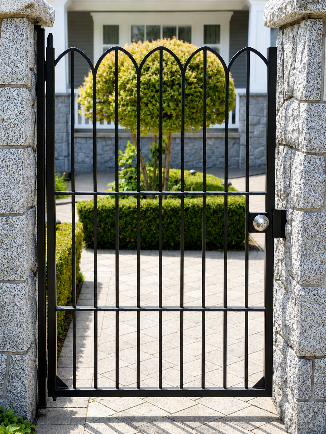 Custom walkway gate with powder-coated black steel finish - 12