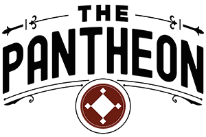 The image shows a black background with the words 'The Panthéon' in large, faint letters and a circular emblem with a diamond shape in the center at the bottom.