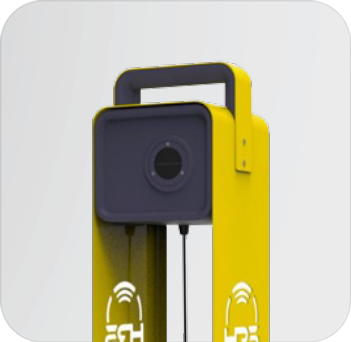 Yellow and black digital camera on a stand with Wi-Fi icons.