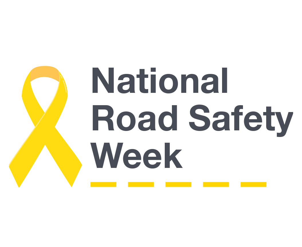 Yellow ribbon with black background and yellow dashed line, text reading "National Road Safety Week" in grey font.