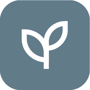 Simple white icon of two leaves on a branch on a gray background.