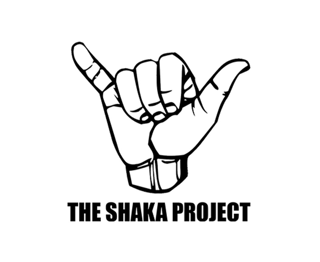 Black background with a white outline drawing of a hand making the shaka sign, and the text "The Shaka Project" below it.