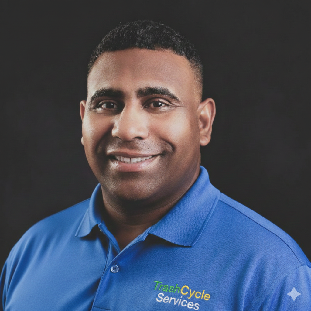 A man wearing a blue shirt with the logo 'TrashCycle Services' smiling against a black background.